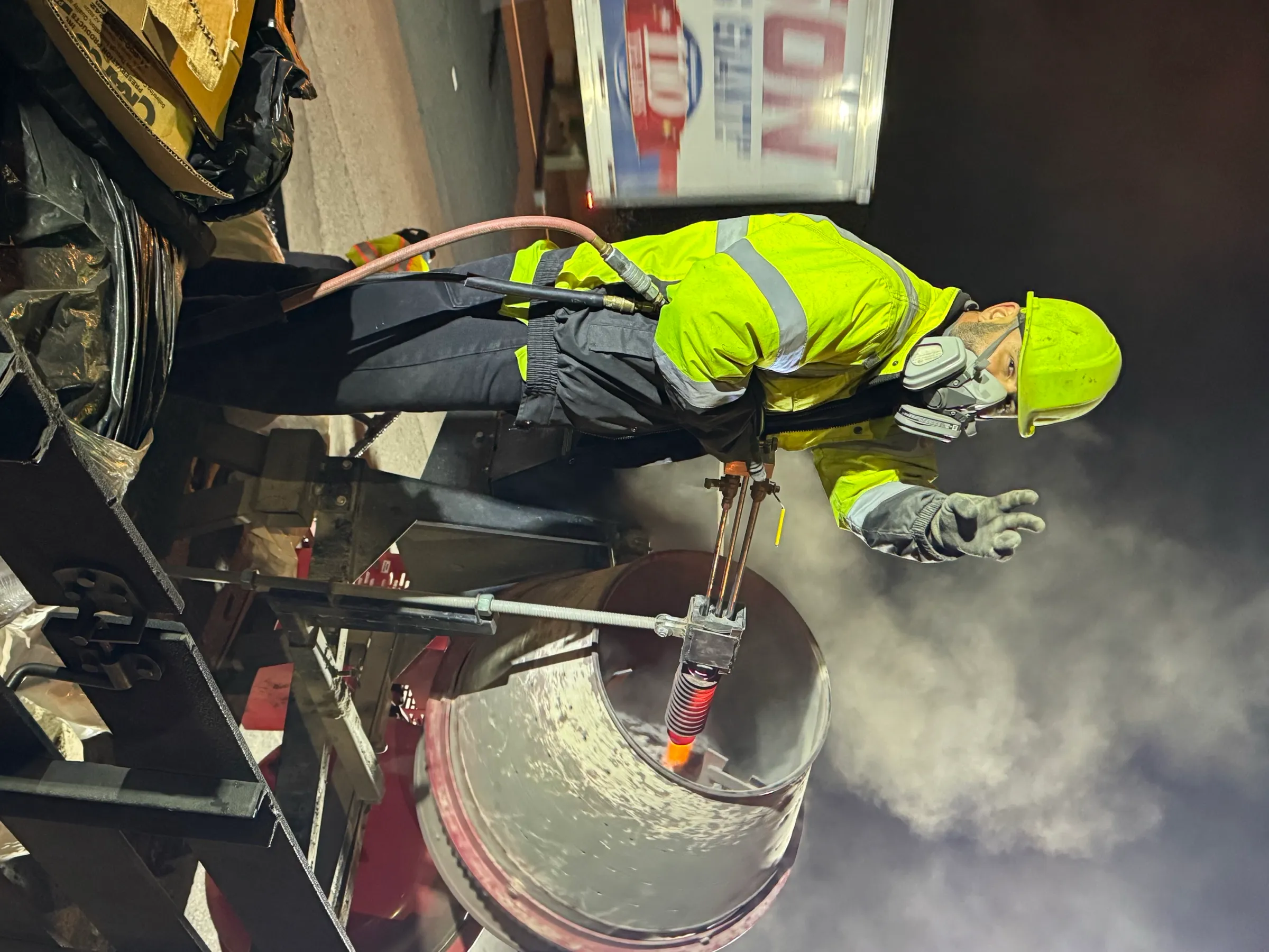 Cristiano & Son crewman in full PPE performing abrasive blasting on a bridge bearing at night, dust plume rising under floodlights